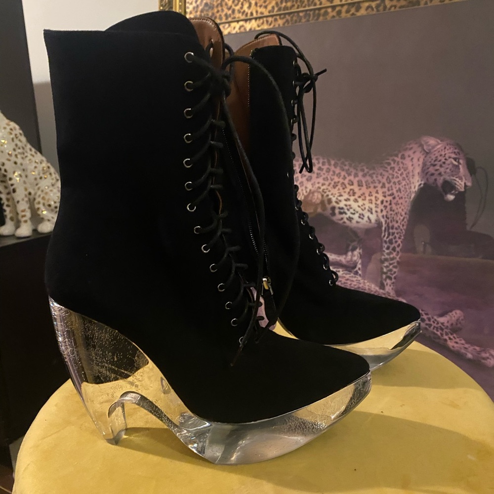 Alaia Black Lace-Up Boots with Clear Sculpted Heel
